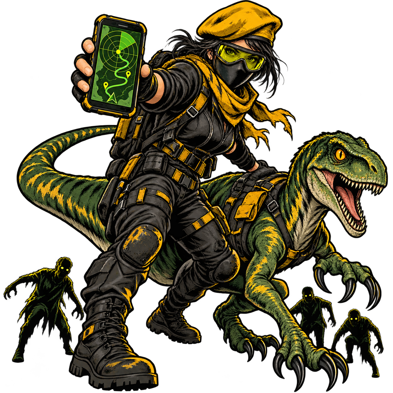 Illustrated masked GOLD survivor with a radar phone and a green raptor companion